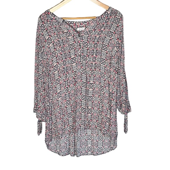Westport print tunic top in black, pink, white and orange.  Size L - Picture 1 of 10